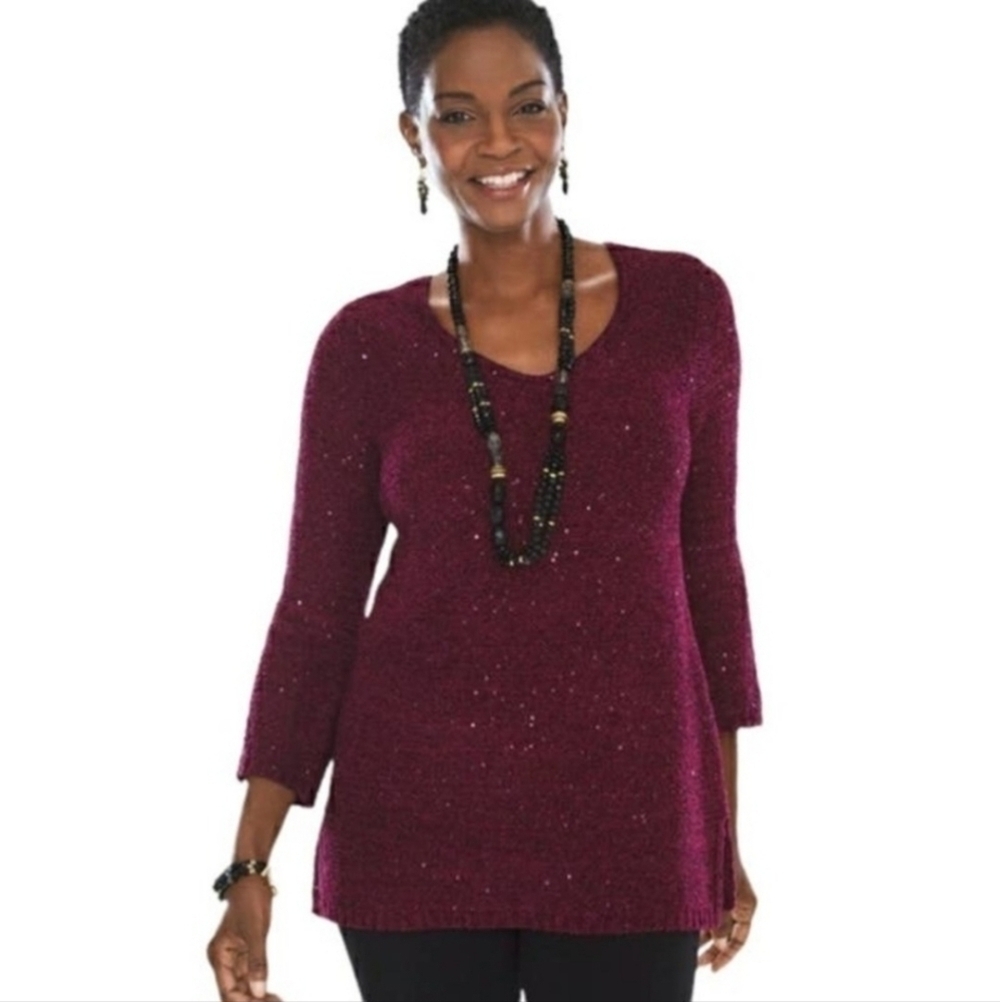 Chico's Sparkle V Neck Pullover Sweater Maroon Women's Vanity Size 2 Large EUC